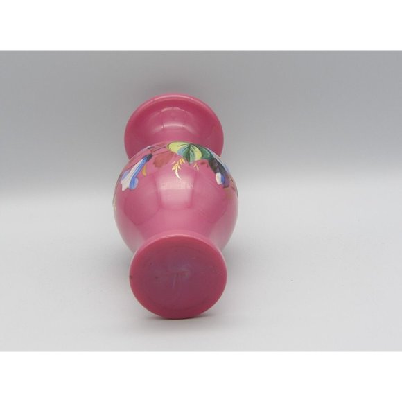 Vintage Hand Blown Cased Glass Vase Pink Hand Painted Enamel Flowers 8 3/4" H - Picture 9 of 9